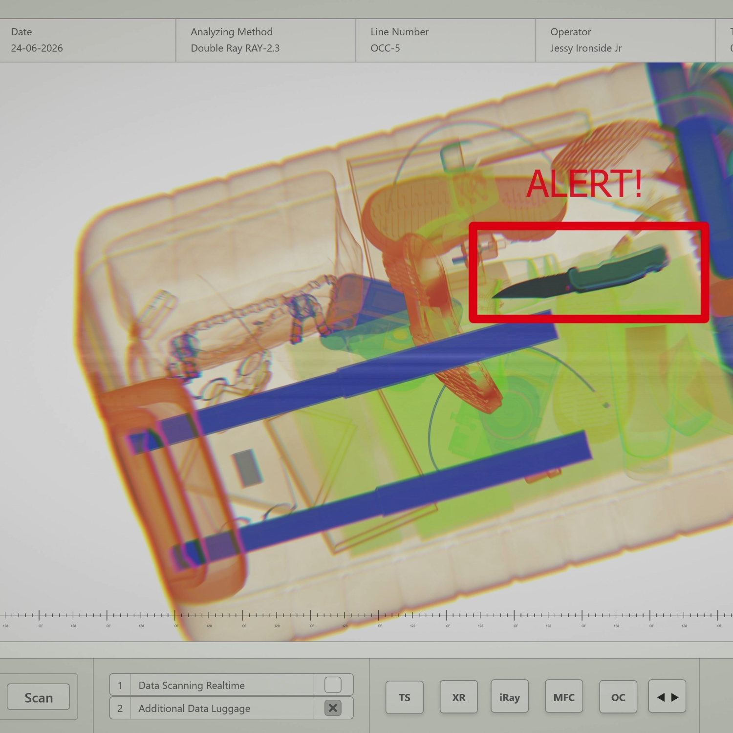 Operator at checkpoint X-ray workstation reviewing baggage scan